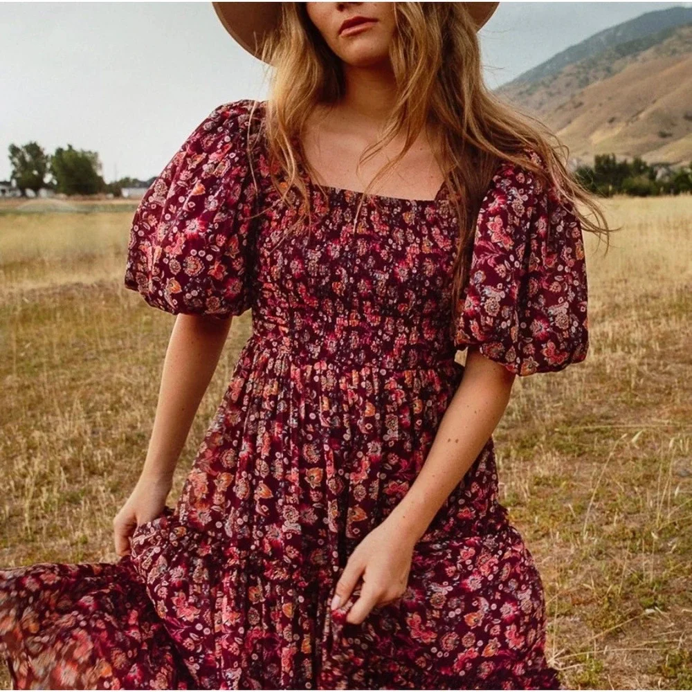 Ivy City Co Stephanie Dress Small Burgundy Floral Smocked Cottagecore Romantic - Picture 3 of 12